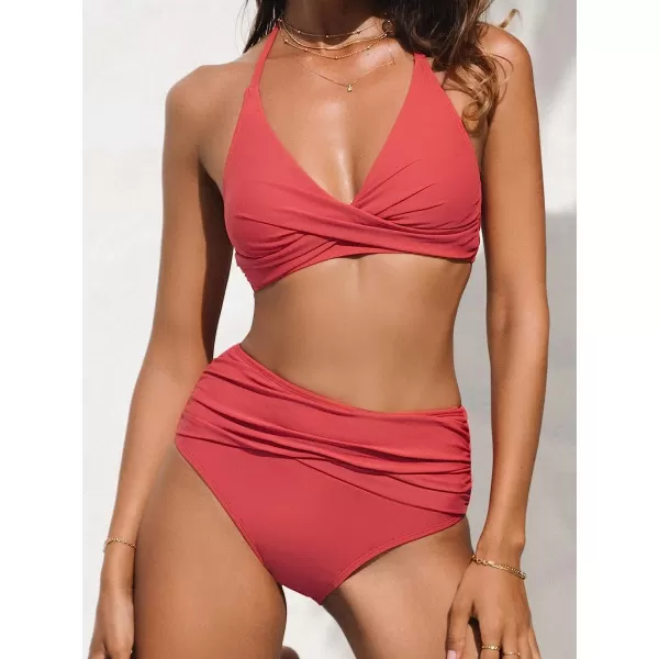 imageCUPSHE Women Bikini Set 2 Piece Swimsuit Halter Deep V Neck Wrapped Floral High Waisted BottomCoral Red