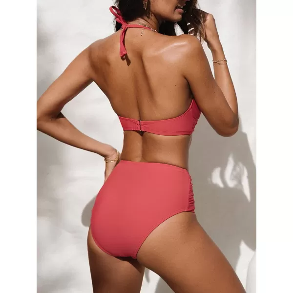 imageCUPSHE Women Bikini Set 2 Piece Swimsuit Halter Deep V Neck Wrapped Floral High Waisted BottomCoral Red