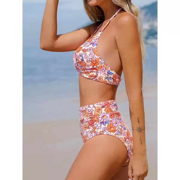 imageCUPSHE Women Bikini Set 2 Piece Swimsuit Halter Deep V Neck Wrapped Floral High Waisted BottomPink Floral