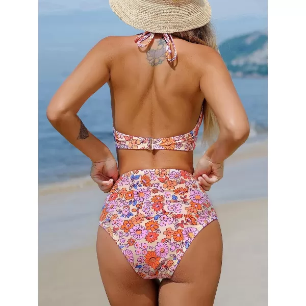imageCUPSHE Women Bikini Set 2 Piece Swimsuit Halter Deep V Neck Wrapped Floral High Waisted BottomPink Floral