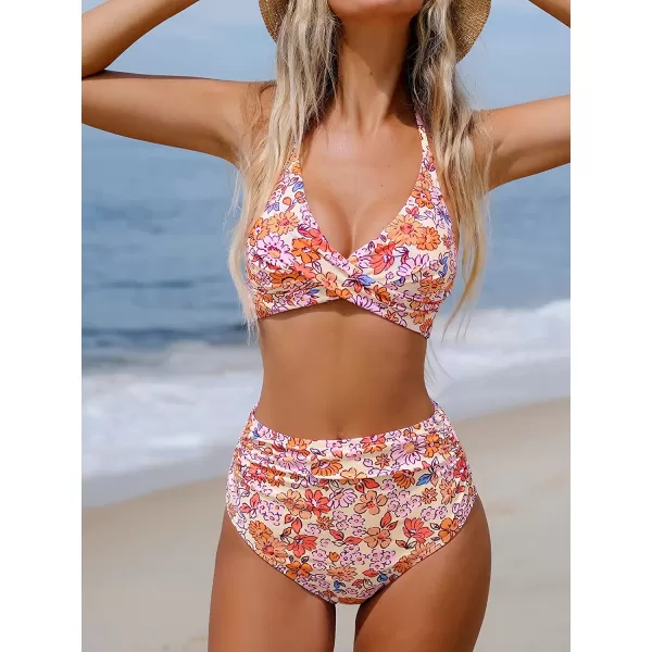imageCUPSHE Women Bikini Set 2 Piece Swimsuit Halter Deep V Neck Wrapped Floral High Waisted BottomPink Floral