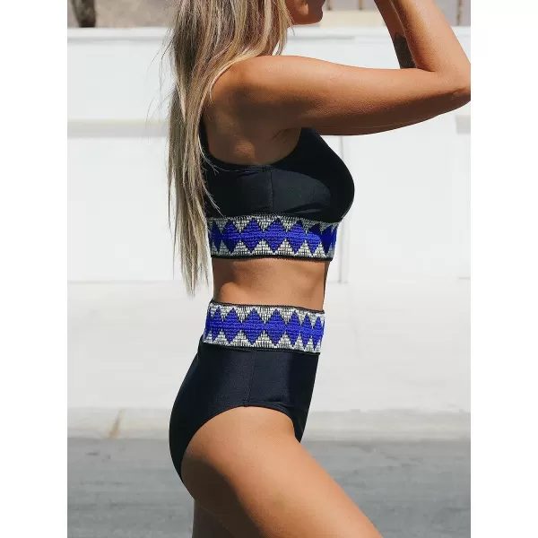 imageCUPSHE Women Bikini Set 2 Piece Swimsuit One Shoulder Tribal Print Trim High Waisted BottomBlack Tribal Print
