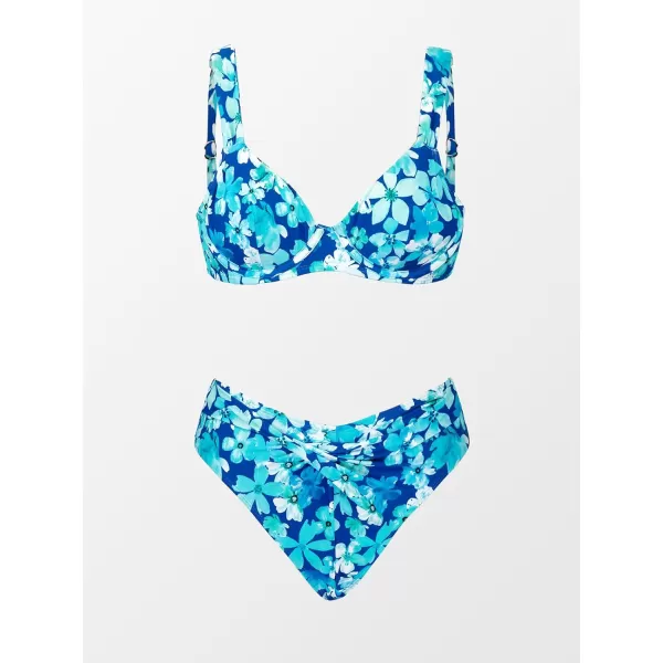 imageCUPSHE Women Bikini Set 2 Piece Swimsuit Underwire Top Back Tie V Cut High Waisted BottomBlue Floral