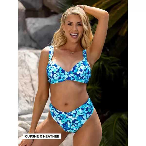 imageCUPSHE Women Bikini Set 2 Piece Swimsuit Underwire Top Back Tie V Cut High Waisted BottomBlue Floral