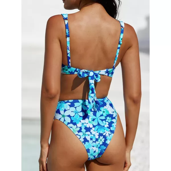 imageCUPSHE Women Bikini Set 2 Piece Swimsuit Underwire Top Back Tie V Cut High Waisted BottomBlue Floral