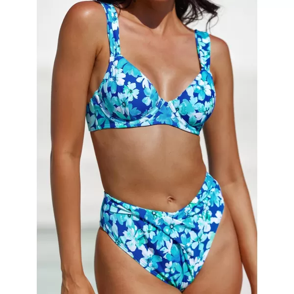 imageCUPSHE Women Bikini Set 2 Piece Swimsuit Underwire Top Back Tie V Cut High Waisted BottomBlue Floral