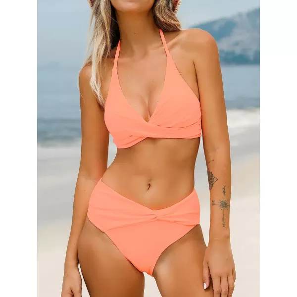 imageCUPSHE Women Bikini Set 2 Piece Swimsuit V Neck Halter Wrap Twist Front Mid Waisted BottomCantaloupe