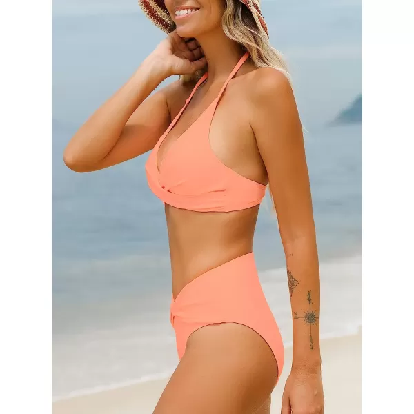 imageCUPSHE Women Bikini Set 2 Piece Swimsuit V Neck Halter Wrap Twist Front Mid Waisted BottomCantaloupe