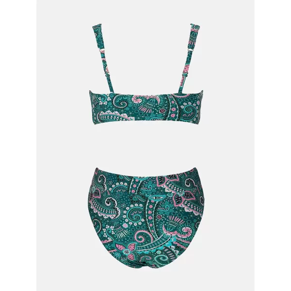 imageCUPSHE Women Bikini Set Deep V Neck Lace Up Front High Waisted BottomCyan Paisley