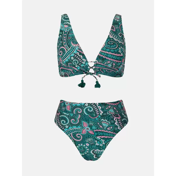 imageCUPSHE Women Bikini Set Deep V Neck Lace Up Front High Waisted BottomCyan Paisley