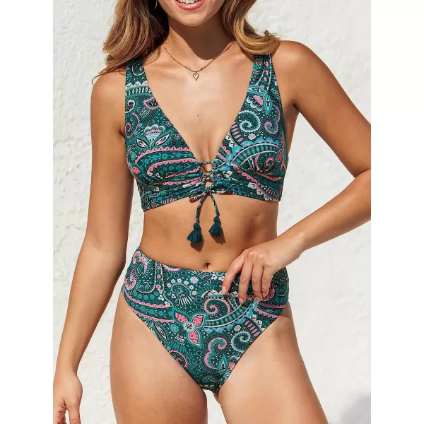 imageCUPSHE Women Bikini Set Deep V Neck Lace Up Front High Waisted BottomCyan Paisley