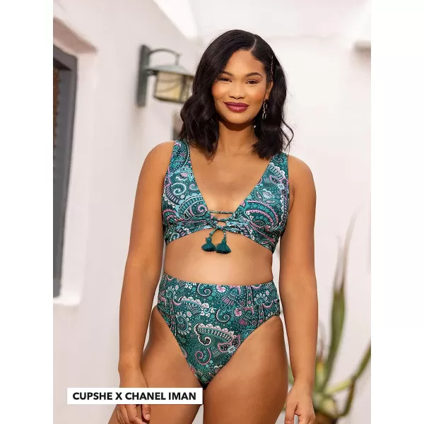 imageCUPSHE Women Bikini Set Deep V Neck Lace Up Front High Waisted BottomCyan Paisley