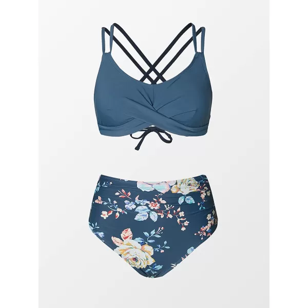 imageCUPSHE Women Bikini Set High Waisted Bikini Bottom Floral Tummy Control U Neck Double Straps Crisscross BackAzure Blue Floral