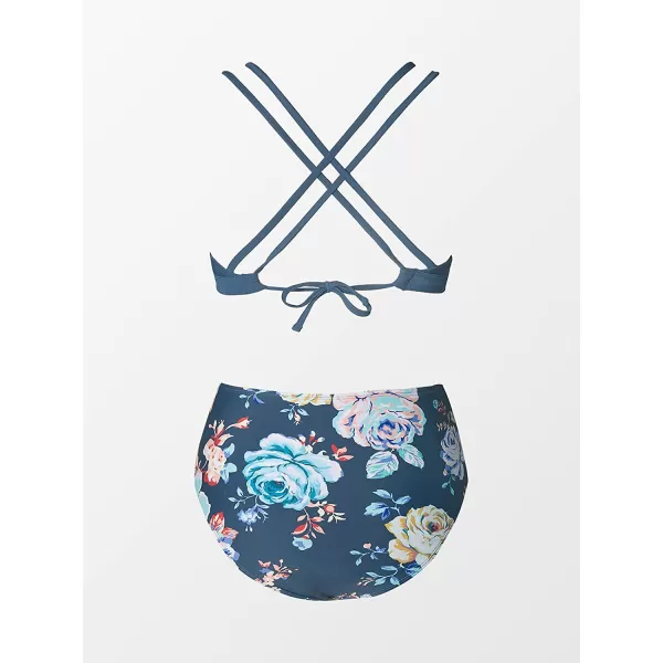 imageCUPSHE Women Bikini Set High Waisted Bikini Bottom Floral Tummy Control U Neck Double Straps Crisscross BackAzure Blue Floral