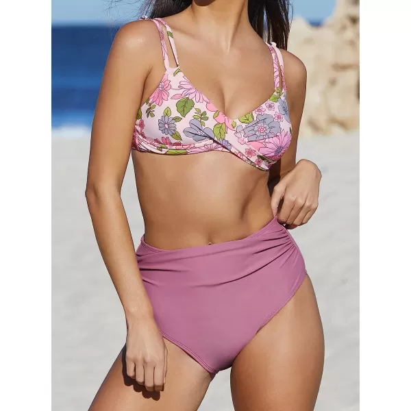 imageCUPSHE Women Bikini Set High Waisted Bikini Bottom Floral Tummy Control U Neck Double Straps Crisscross BackPurple Floral