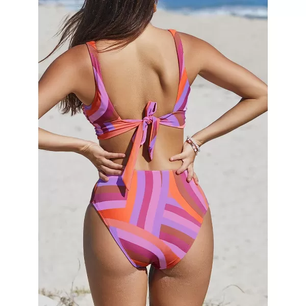 imageCUPSHE Women Bikini Set Two Piece Swimsuit Tank Top Scoop Neck Back Tie Mid Waisted BottomPurple amp Orange