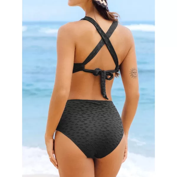 imageCUPSHE Women Bikini Set Two Piece Swimsuit U Wire Crisscross Back Jacquard High Waisted BottomBlack