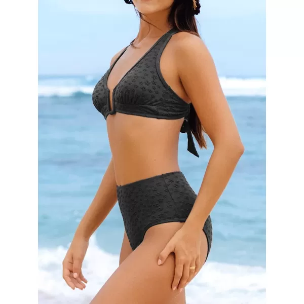imageCUPSHE Women Bikini Set Two Piece Swimsuit U Wire Crisscross Back Jacquard High Waisted BottomBlack