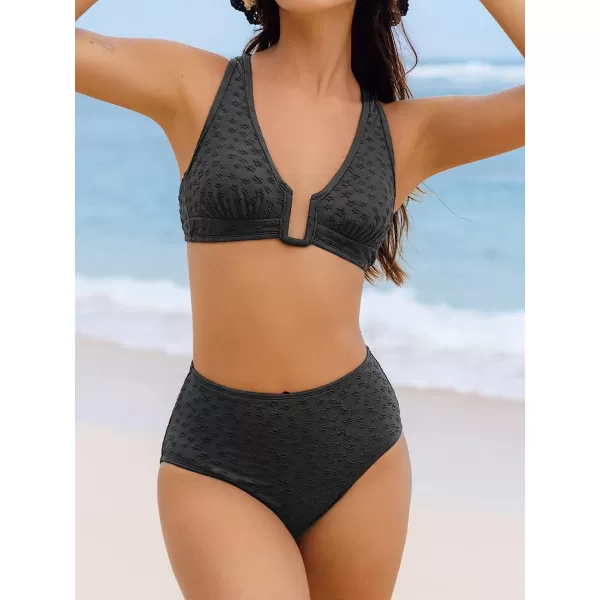 imageCUPSHE Women Bikini Set Two Piece Swimsuit U Wire Crisscross Back Jacquard High Waisted BottomBlack