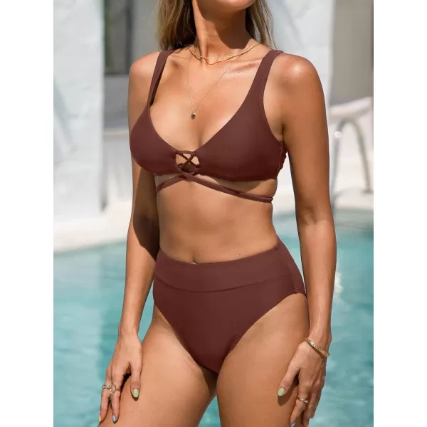 imageCUPSHE Women Bikini Set Two Piece Swimsuit V Neck Back Tie High Waisted BottomDeep Brown
