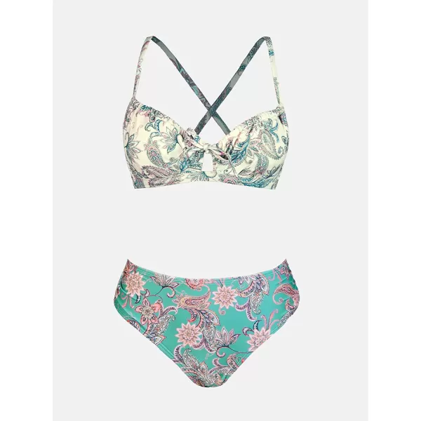 imageCUPSHE Women Bikini Set Two Piece Swimsuits Mid Waisted Bottom Floral Crisscross Back Tie Scoop Neck Cut Out Bathing SuitsPaisley Print