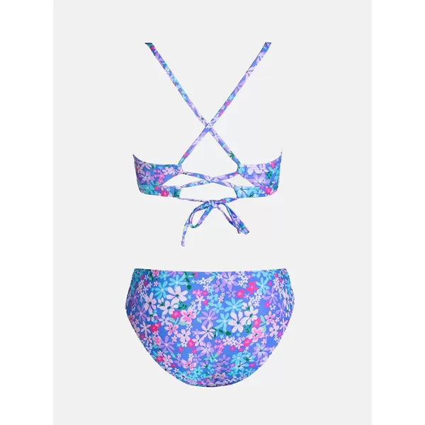 imageCUPSHE Women Bikini Set Two Piece Swimsuits Mid Waisted Bottom Floral Crisscross Back Tie Scoop Neck Cut Out Bathing SuitsPurple Blue Floral