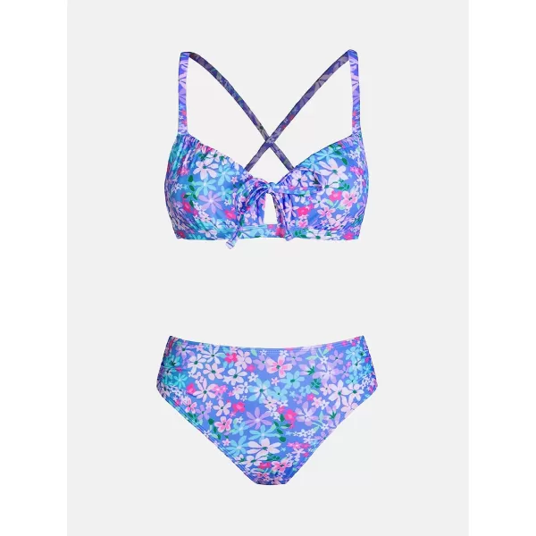 imageCUPSHE Women Bikini Set Two Piece Swimsuits Mid Waisted Bottom Floral Crisscross Back Tie Scoop Neck Cut Out Bathing SuitsPurple Blue Floral