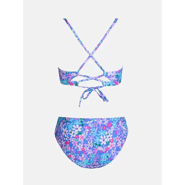 imageCUPSHE Women Bikini Set Two Piece Swimsuits Mid Waisted Bottom Floral Crisscross Back Tie Scoop Neck Cut Out Bathing SuitsPurple Blue Floral