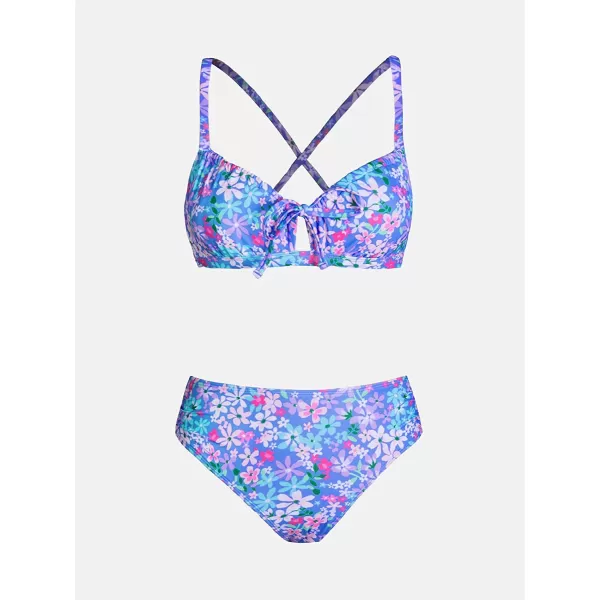 imageCUPSHE Women Bikini Set Two Piece Swimsuits Mid Waisted Bottom Floral Crisscross Back Tie Scoop Neck Cut Out Bathing SuitsPurple Blue Floral