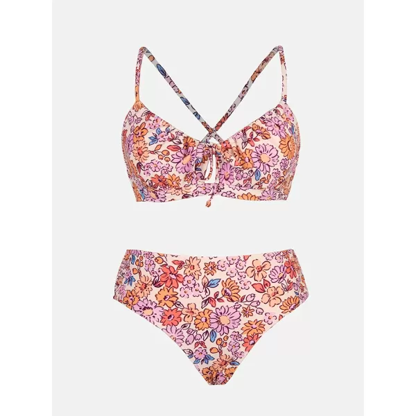 imageCUPSHE Women Bikini Set Two Piece Swimsuits Mid Waisted Bottom Floral Crisscross Back Tie Scoop Neck Cut Out Bathing SuitsPurple Floral