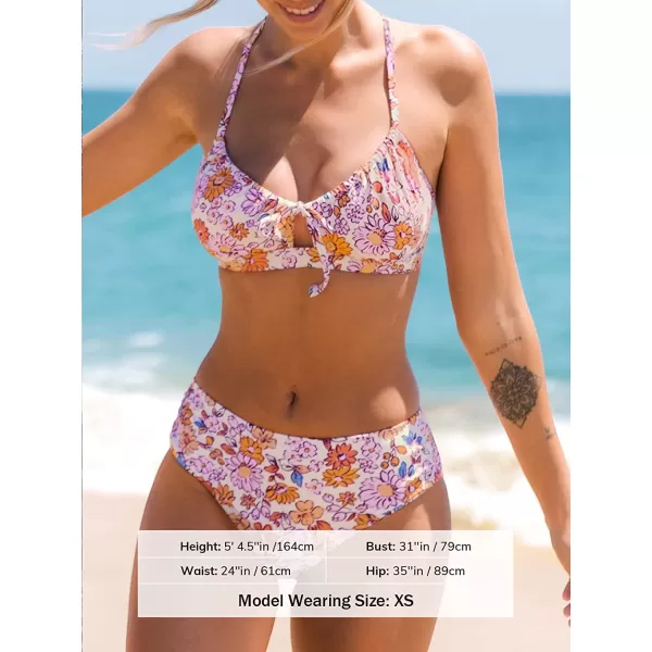 imageCUPSHE Women Bikini Set Two Piece Swimsuits Mid Waisted Bottom Floral Crisscross Back Tie Scoop Neck Cut Out Bathing SuitsPurple Floral