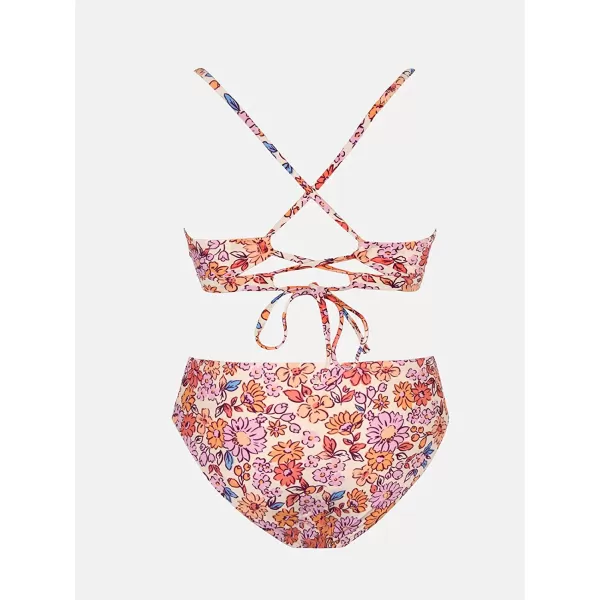 imageCUPSHE Women Bikini Set Two Piece Swimsuits Mid Waisted Bottom Floral Crisscross Back Tie Scoop Neck Cut Out Bathing SuitsPurple Floral