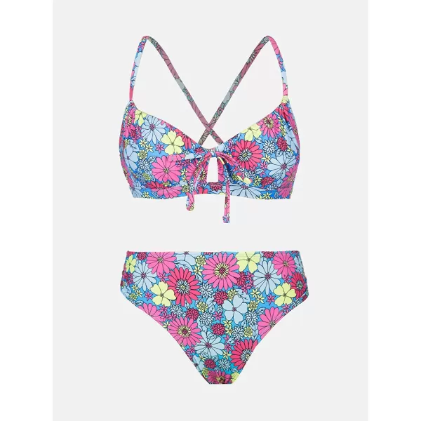 imageCUPSHE Women Bikini Set Two Piece Swimsuits Mid Waisted Bottom Floral Crisscross Back Tie Scoop Neck Cut Out Bathing SuitsRed Floral