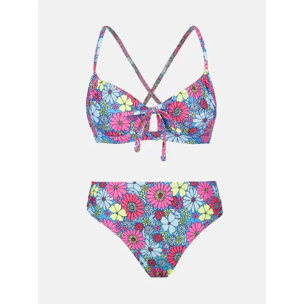 imageCUPSHE Women Bikini Set Two Piece Swimsuits Mid Waisted Bottom Floral Crisscross Back Tie Scoop Neck Cut Out Bathing SuitsRed Floral
