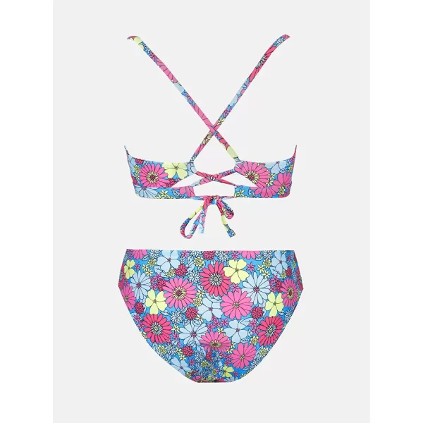 imageCUPSHE Women Bikini Set Two Piece Swimsuits Mid Waisted Bottom Floral Crisscross Back Tie Scoop Neck Cut Out Bathing SuitsRed Floral