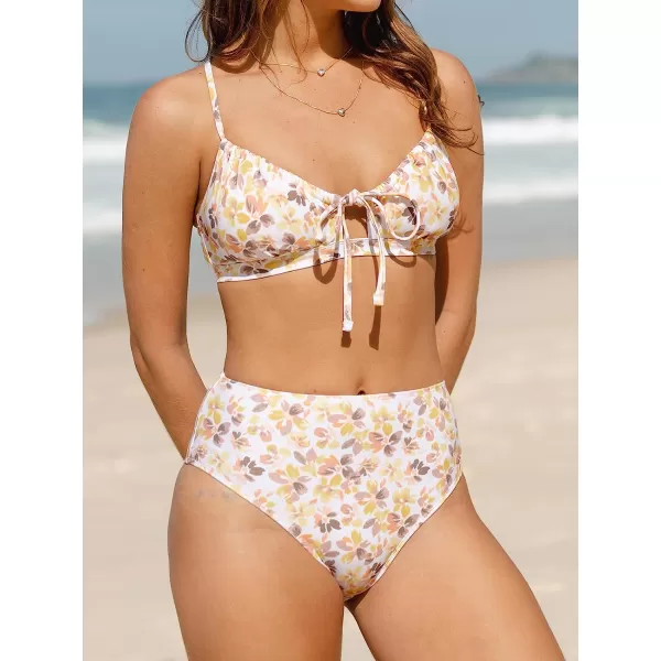 imageCUPSHE Women Bikini Set Two Piece Swimsuits Mid Waisted Bottom Floral Crisscross Back Tie Scoop Neck Cut Out Bathing SuitsYellow Floral