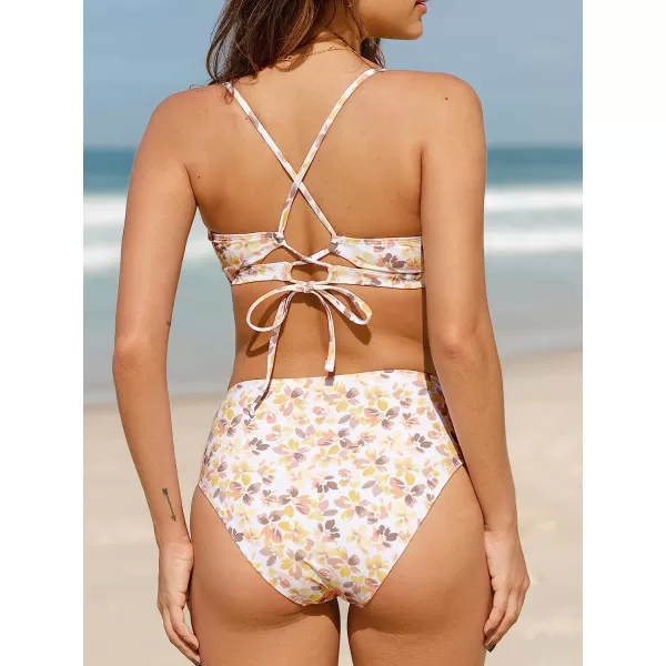 imageCUPSHE Women Bikini Set Two Piece Swimsuits Mid Waisted Bottom Floral Crisscross Back Tie Scoop Neck Cut Out Bathing SuitsYellow Floral