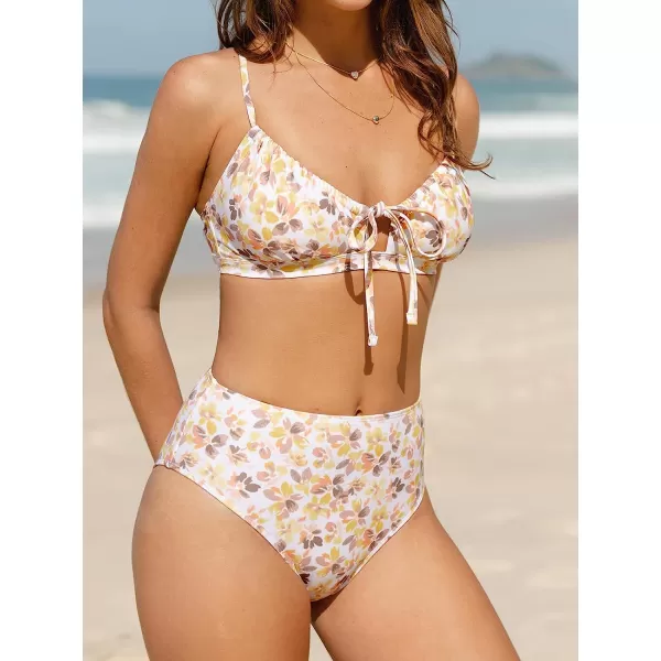 imageCUPSHE Women Bikini Set Two Piece Swimsuits Mid Waisted Bottom Floral Crisscross Back Tie Scoop Neck Cut Out Bathing SuitsYellow Floral