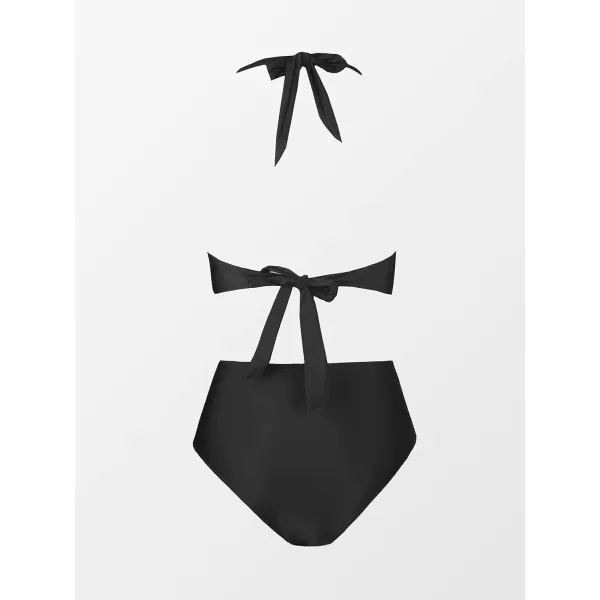 imageCUPSHE Women Bikini Sets 2 Piece Swimsuit Halter Ruching Back Tie Tummy Control High Waisted BottomBlack