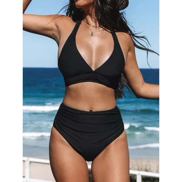 imageCUPSHE Women Bikini Sets 2 Piece Swimsuit Halter Ruching Back Tie Tummy Control High Waisted BottomBlack