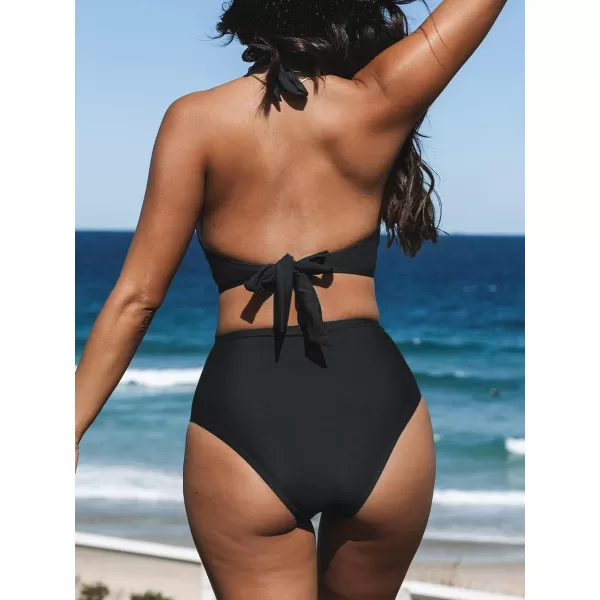 imageCUPSHE Women Bikini Sets 2 Piece Swimsuit Halter Ruching Back Tie Tummy Control High Waisted BottomBlack