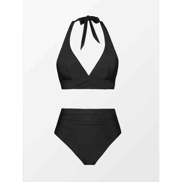imageCUPSHE Women Bikini Sets 2 Piece Swimsuit Halter Ruching Back Tie Tummy Control High Waisted BottomBlack