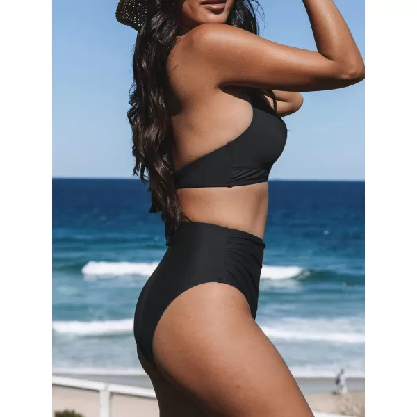 imageCUPSHE Women Bikini Sets 2 Piece Swimsuit Halter Ruching Back Tie Tummy Control High Waisted BottomBlack