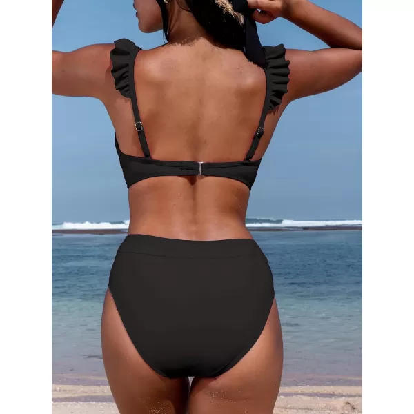 imageCUPSHE Women Bikini Sets 2 Piece Swimsuit High Waisted Bottom Floral Print Ruffle V Neck Bathing SuitsBlack