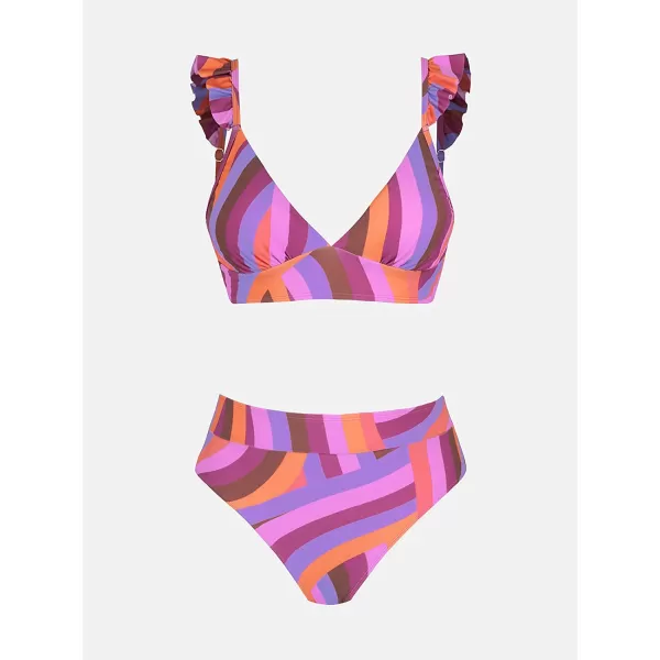imageCUPSHE Women Bikini Sets 2 Piece Swimsuit High Waisted Bottom Floral Print Ruffle V Neck Bathing SuitsGeometric Patterns
