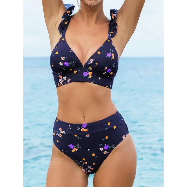 imageCUPSHE Women Bikini Sets 2 Piece Swimsuit High Waisted Bottom Floral Print Ruffle V Neck Bathing SuitsNavy Floral