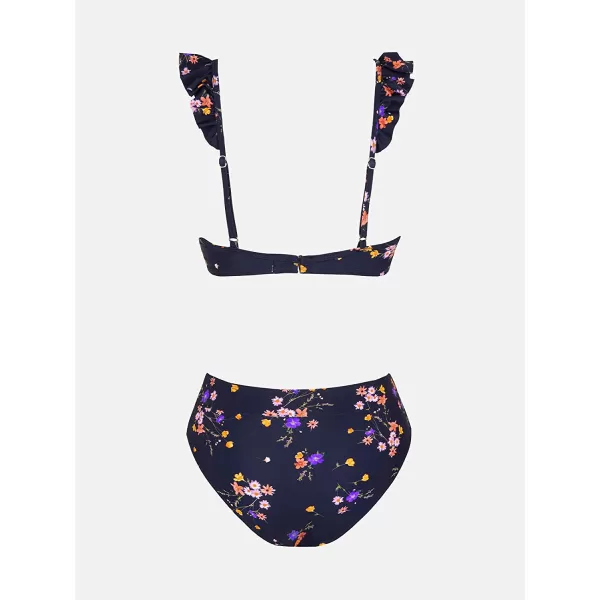 imageCUPSHE Women Bikini Sets 2 Piece Swimsuit High Waisted Bottom Floral Print Ruffle V Neck Bathing SuitsNavy Floral