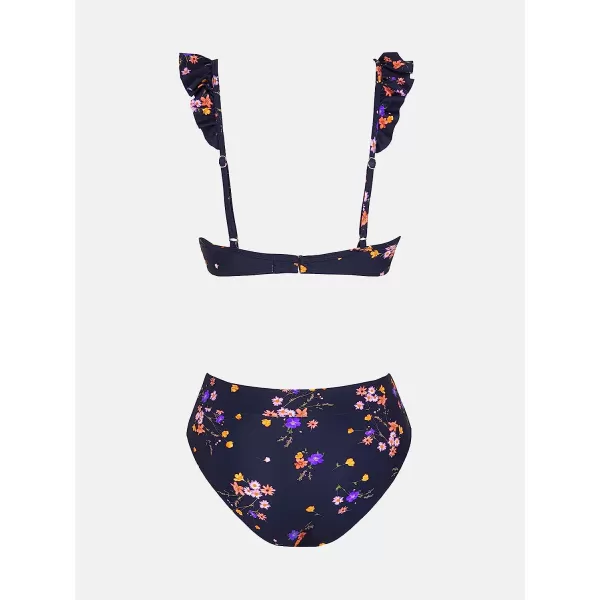 imageCUPSHE Women Bikini Sets 2 Piece Swimsuit High Waisted Bottom Floral Print Ruffle V Neck Bathing SuitsNavy Floral