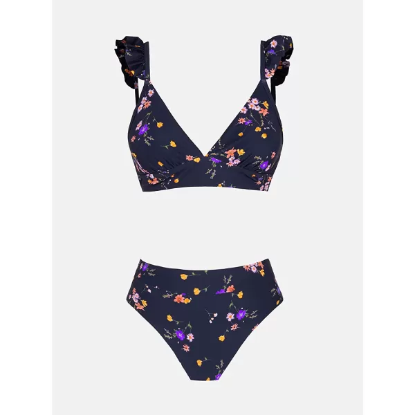 imageCUPSHE Women Bikini Sets 2 Piece Swimsuit High Waisted Bottom Floral Print Ruffle V Neck Bathing SuitsNavy Floral