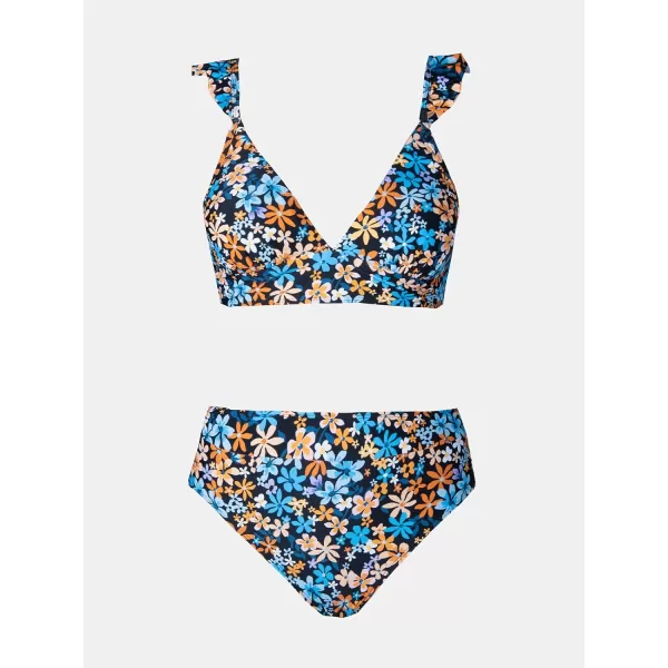 imageCUPSHE Women Bikini Sets 2 Piece Swimsuit High Waisted Bottom Floral Print Ruffle V Neck Bathing SuitsOrange Blue Floral